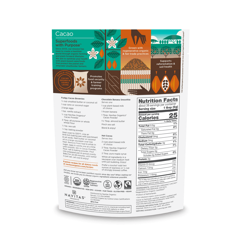 Navitas Organics Cacao Powder 227g back of package