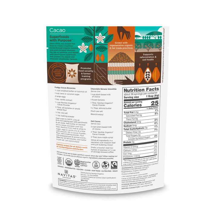 Navitas Organics Cacao Powder 227g back of package