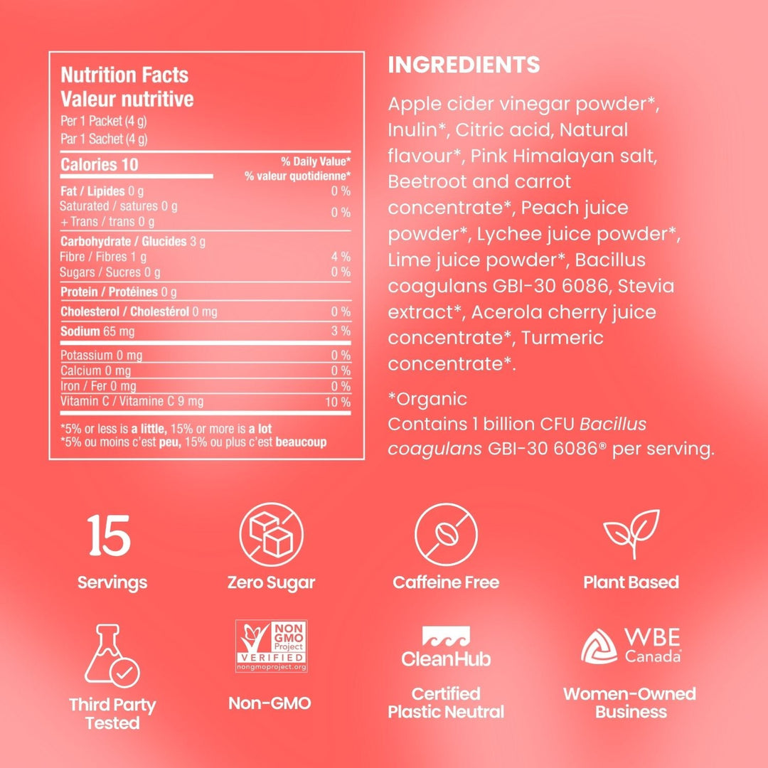 Blume SuperBelly Gut-Building Hydration Powder - 60 g (15 Sachets) - Peach Lychee nutrition facts 2