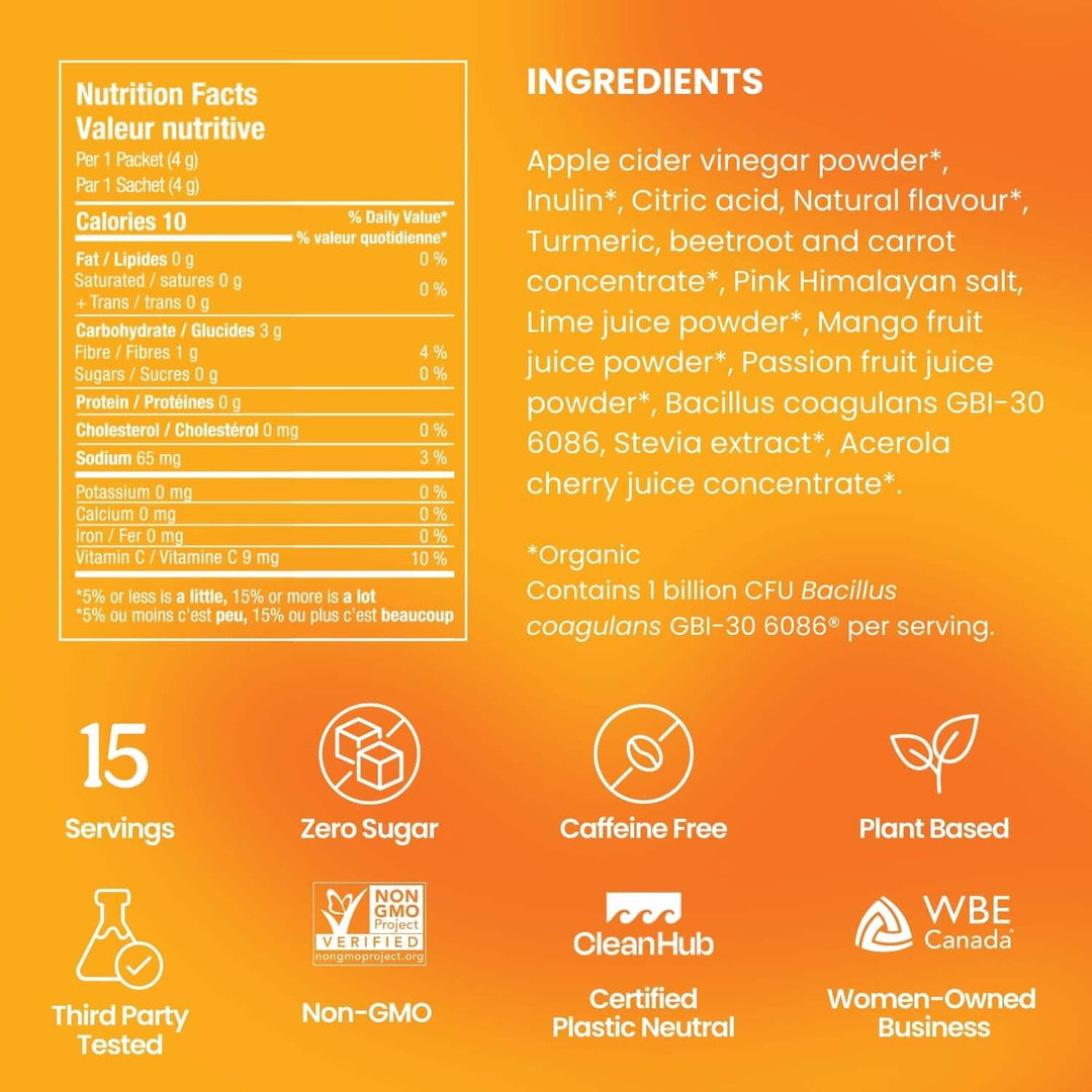 Blume SuperBelly Gut-Building Hydration Powder - 60 g (15 Sachets) - Mango Passion Fruit nutrition facts 3