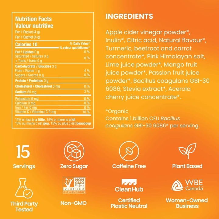 Blume SuperBelly Gut-Building Hydration Powder - 60 g (15 Sachets) - Mango Passion Fruit nutrition facts 3