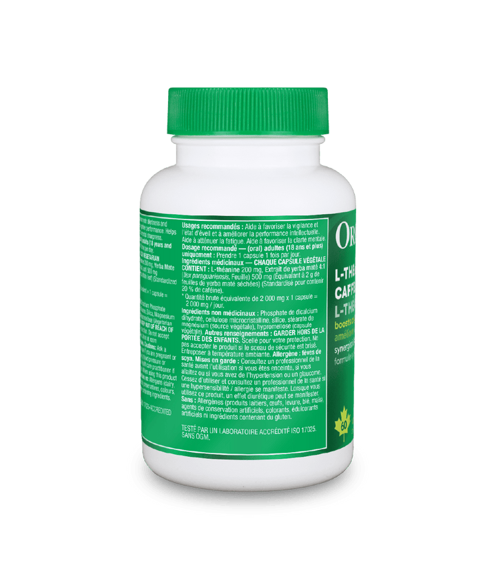 Organika L-Theanine + Caffeine - 60 Vcaps — medicinal ingredients and directions label