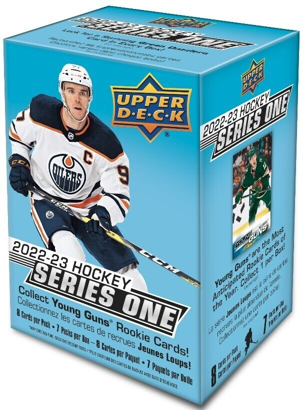 Front and side of a sealed 2022-23 Upper Deck Hockey Series One blaster box, with 8 cards per pack and 7 packs per box.